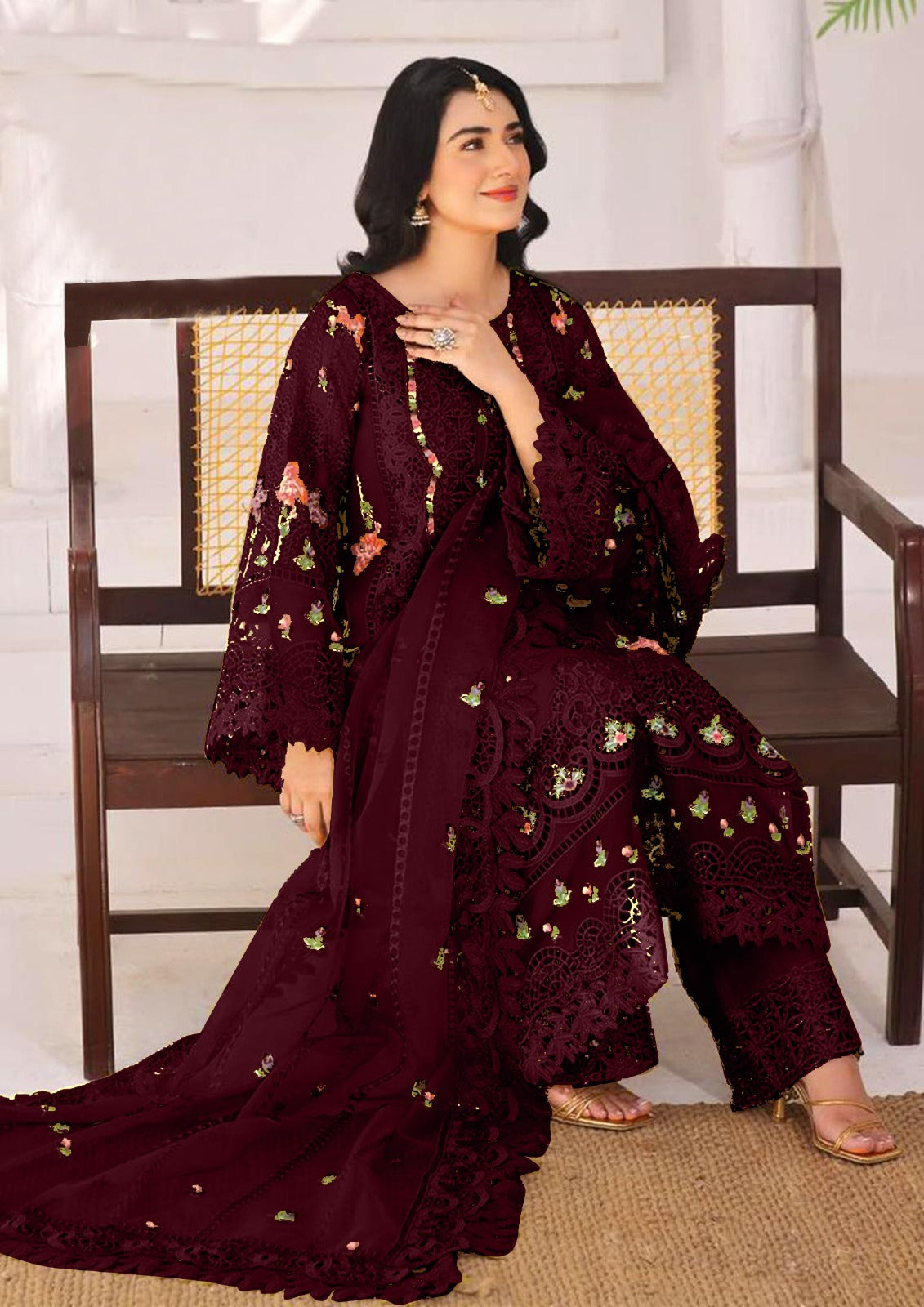 ANEELA Maroon Formal Organza (AY0009)